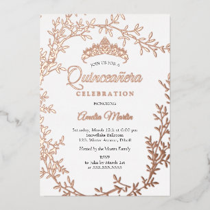 Elegante Roze Gouden Blad Krans Quinceanera Folie Uitnodiging