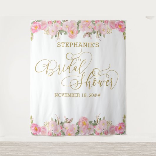 Elegante Roze Gouden Bloem Bruidsdouche Calligraph Wandkleed (Voorkant)