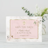 Elegante roze gouden bloemen kruis meisje doop save the date (Staand voorkant)
