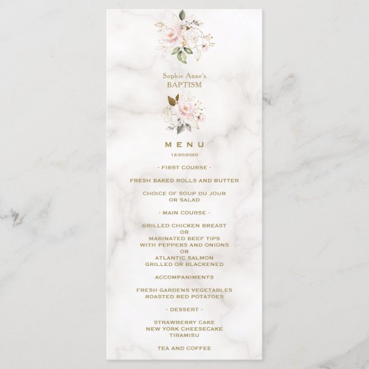 Elegante Roze Gouden Bloemen Marmeren Doop Menu (Voorkant)