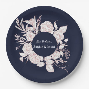 Elegante roze gouden bloemen Navy Blue Trouwen Papieren Bordje