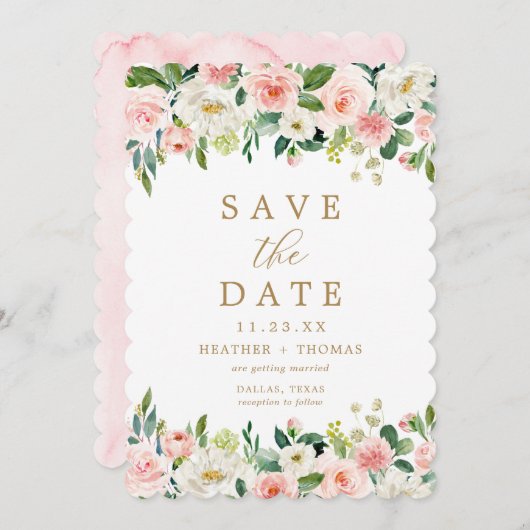 Elegante Roze Gouden Bloemenschildering Trouwfeest Save The Date (Voorkant / Achterkant)