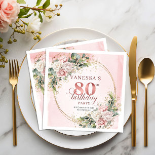 Elegante Roze Gouden Bloemige 80 Verjaardagsfeest Servet