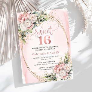 Elegante Roze Gouden Bloemige Groene Sweet Sixteen Kaart