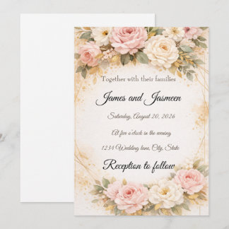 Elegante Roze & Gouden Bloemige Trouwuitnodiging Kaart