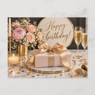 Elegante Roze Gouden Bloemige Verjaardagskaart Briefkaart