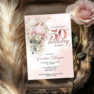 Elegante Roze Gouden Blush Bloemige 50e Verjaardag Kaart