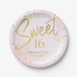Elegante Roze & Gouden Confetti Sweet 16 Papieren Bordje