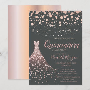 Elegante Roze Gouden Diamanten Jurk Quinceañera Kaart