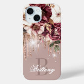 Elegante Roze Gouden Druppels Burgundy Bloem Monog Case-Mate iPhone Case (Achterkant)