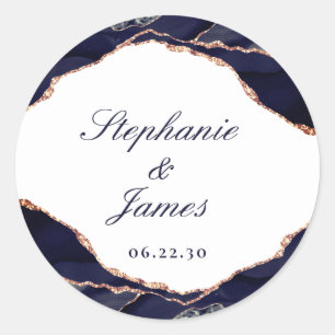 Elegante Roze Gouden Folie Navy Blauwe Agaat Trouw Ronde Sticker