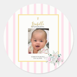 Elegante Roze Gouden Foto Doopfeest Ronde Sticker