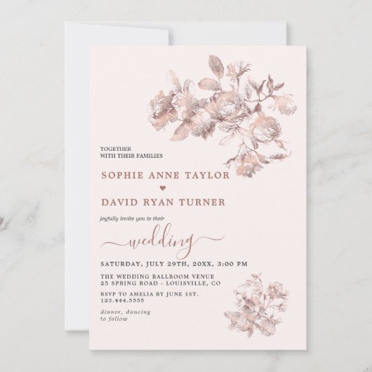 Elegante roze gouden Franse bloem toile bruiloft Kaart (Voorkant)