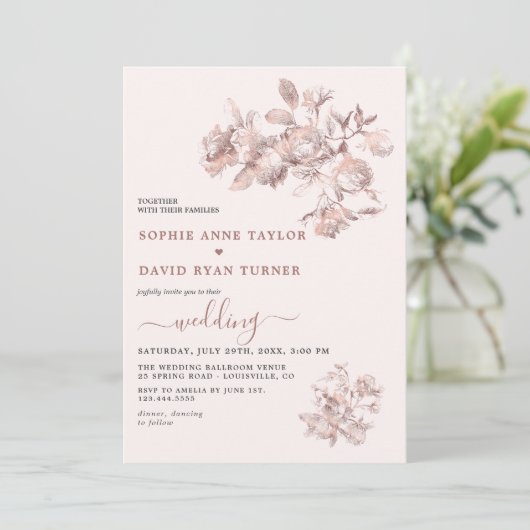 Elegante roze gouden Franse bloem toile bruiloft Kaart (Staand voorkant)