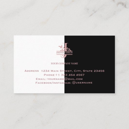 Elegante roze gouden gespleten aangepaste monogram visitekaartje (Achterkant)