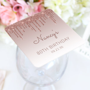 Elegante Roze Gouden Glitter Drip 80ste Verjaardag Vierkante Kartonnen Onderzetter
