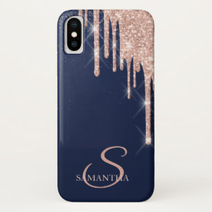 Elegante Roze Gouden Glitter Druppels,Marineblauw iPhone X Hoesje