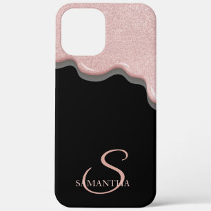 Elegante Roze Gouden Glitter Druppels Zwart iPhone 12 Pro Max Hoesje