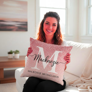 Elegante Roze Gouden Glitter Gradiënt Monogram Naa Kussen