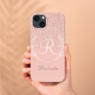 Elegante Roze Gouden Glitter Monogram iPhone 13 Hoesje