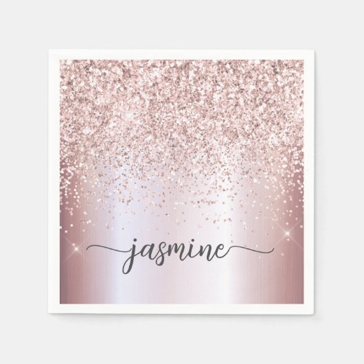 Elegante Roze Gouden Glitter Monogram Naam Lettert Servet (Voorkant)