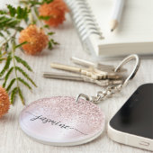 Elegante Roze Gouden Glitter Monogram Naam Script Sleutelhanger (Voorkant Rechts)