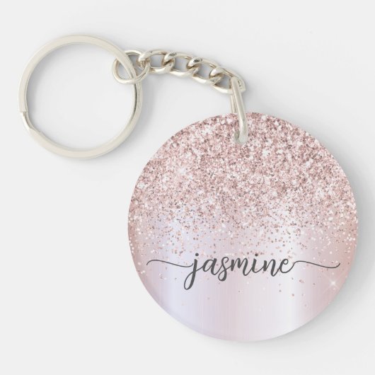 Elegante Roze Gouden Glitter Monogram Naam Script Sleutelhanger (Voorkant)