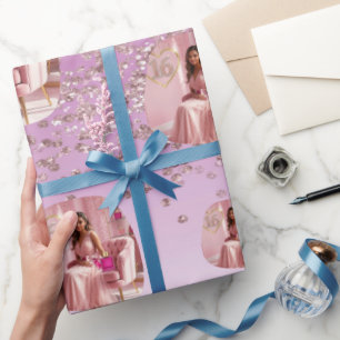 Elegante Roze Gouden Glitter Ombre Fototemplate Cadeaupapier