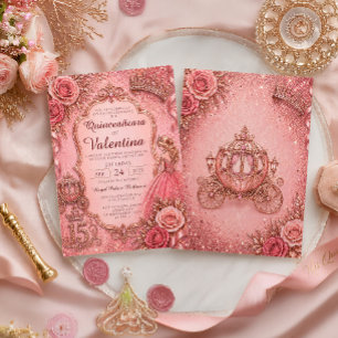 Elegante Roze Gouden Glitter Prinses Quinceañera Kaart