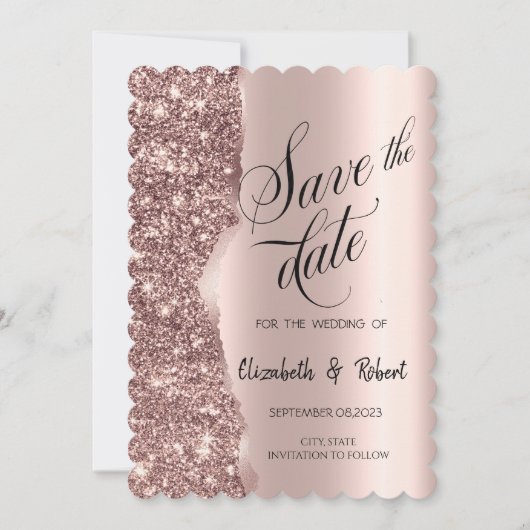 Elegante Roze Gouden Glitter Script Save The Date (Voorkant)