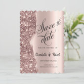 Elegante Roze Gouden Glitter Script Save The Date (Staand voorkant)