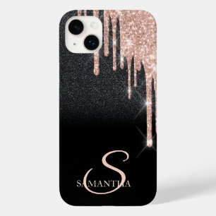 Elegante Roze Gouden Glitterdruppels Zwarte Glitte Case-Mate iPhone 14 Plus Hoesje