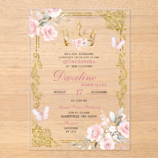 Elegante roze gouden kroon Quinceanera Acryl Uitnodigingen (Voorkant)