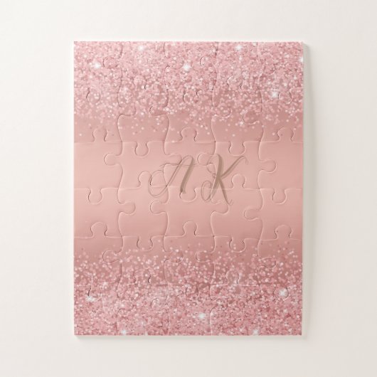 Elegante Roze Gouden Luxe Glans Monogram Legpuzzel (Verticaal)