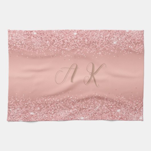 Elegante Roze Gouden Luxe Glans Monogram Theedoek (Horizontaal)