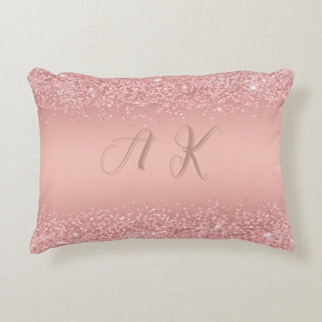 Elegante Roze Gouden Luxe Schitterende Monogram Accent Kussen (Voorkant)