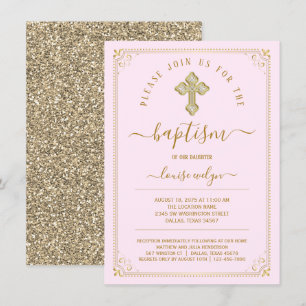 Elegante Roze Gouden Meisjes Doop Kaart
