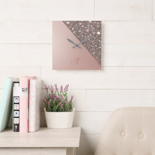 Elegante Roze Gouden Monogram Vierkante Klok