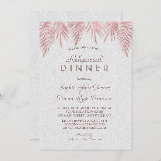 Elegante roze gouden palmbladeren oefendiner kaart (Voorkant / Achterkant)