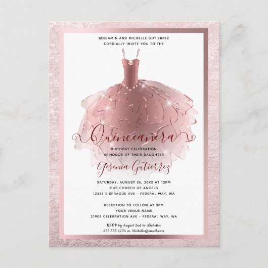 Elegante Roze Gouden Quinceañera Jurk Briefkaart (Voorkant)
