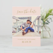 Elegante Roze Gouden Script Foto Bruiloft Save The Date (Staand voorkant)