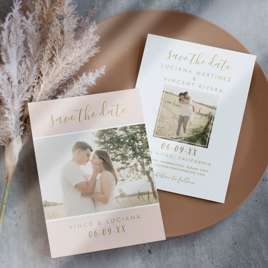 Elegante Roze Gouden Script Foto Bruiloft Save The Date