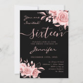 Elegante Roze Gouden Sweet 16 Glitter Bloem Zwart Kaart (Voorkant)
