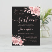 Elegante Roze Gouden Sweet 16 Glitter Bloem Zwart Kaart (Staand voorkant)