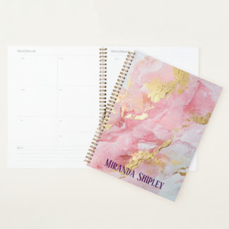 Elegante Roze & Gouden Verf Paarse Naam Planner