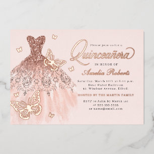 Elegante Roze Gouden Vlinder Jurk Quinceanera Folie Uitnodiging