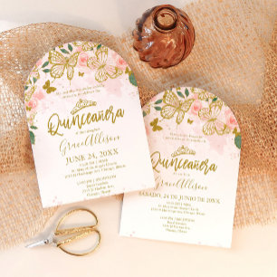Elegante Roze Gouden Vlinder Tweetalige Quinceaner Kaart