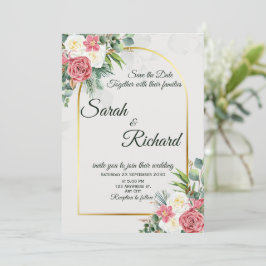 Elegante Roze Goudkleurige Boog Trouwuitnodiging Kaart