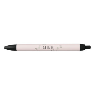 Elegante Roze Grijs Bloemige Waterverf Trouwgunst Zwarte Inkt Pen