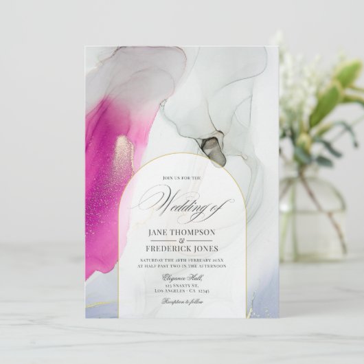 Elegante roze, grijze en gouden alcohol inkt bruil kaart (Staand voorkant)